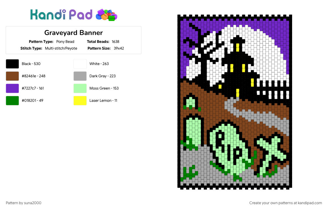 Graveyard Banner - Pony Bead Pattern by suna2000 on Kandi Pad - banner, beige, brown, graveyard, halloween, purple, teal