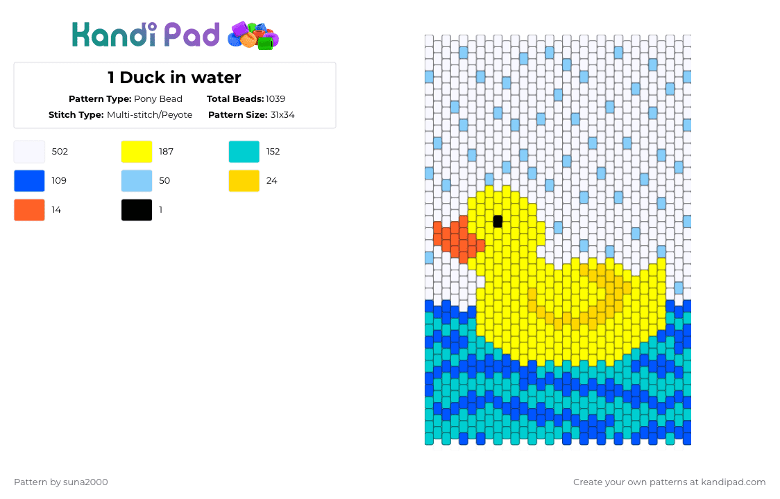 1 Duck in water - Pony Bead Pattern by suna2000 on Kandi Pad - white,light blue,yellow,duck,animal,water