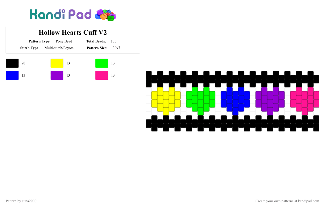 Hollow Hearts Cuff V2 - Pony Bead Pattern by suna2000 on Kandi Pad - black,purple