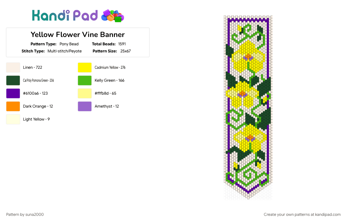 Yellow Flower Vine Banner - Pony Bead Pattern by suna2000 on Kandi Pad - banner, flower, green, white, yellow
