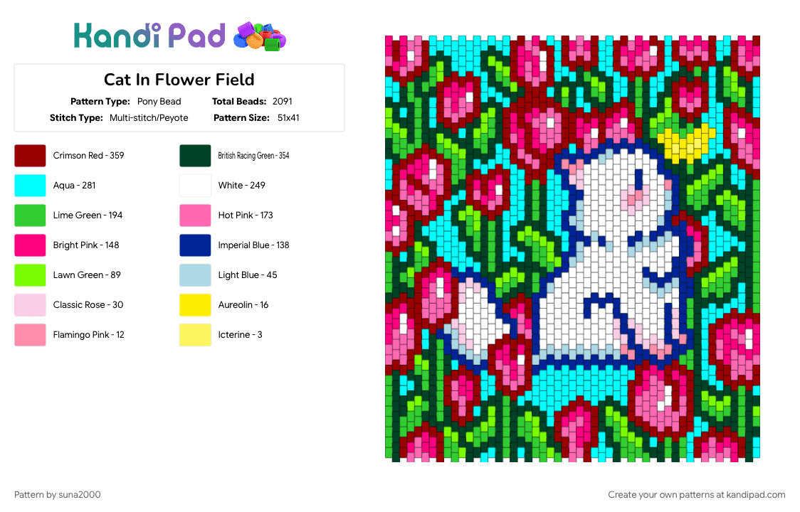 Cat In Flower Field - Pony Bead Pattern by suna2000 on Kandi Pad - cat, flower, green, light blue, pink, red