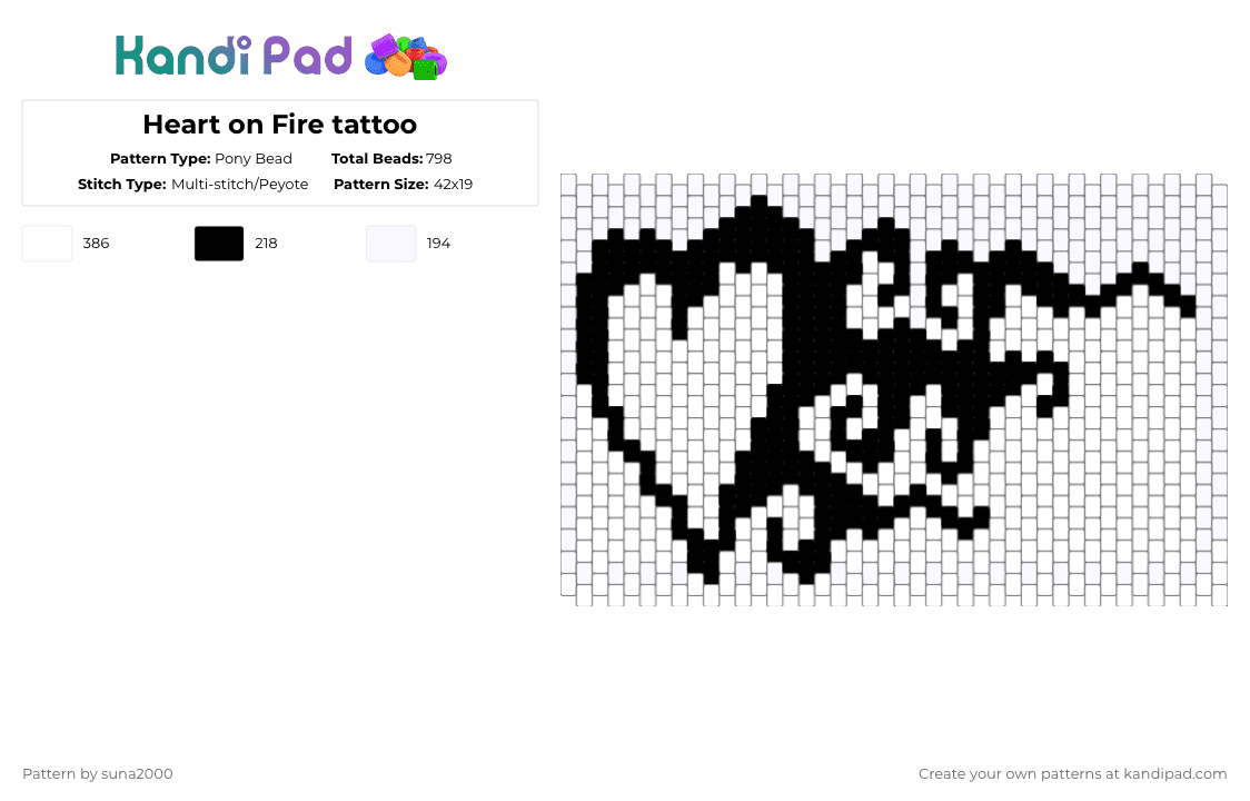 Heart tattoo - Pony Bead Pattern by suna2000 on Kandi Pad - black, heart, tattoo, white
