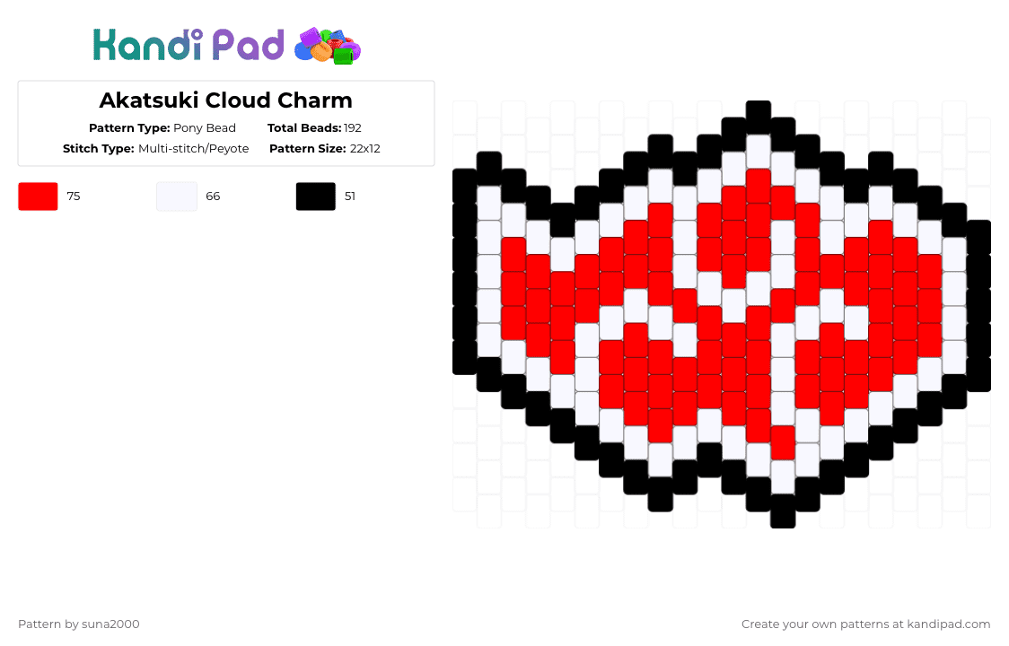 Akatsuki Cloud Charm - Pony Bead Pattern by suna2000 on Kandi Pad - red,white,naruto,akatsuki,anime