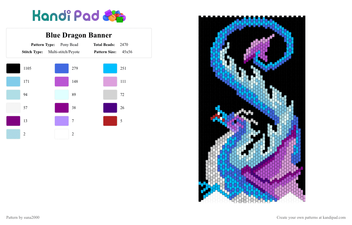 Blue Dragon Banner - Pony Bead Pattern by suna2000 on Kandi Pad - black,light blue,blue,pink,banner,dragon