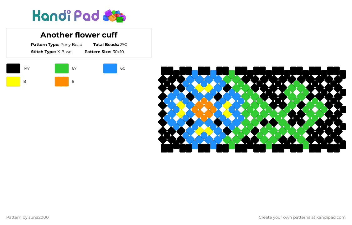 Another flower cuff - Pony Bead Pattern by suna2000 on Kandi Pad - black,light blue,green