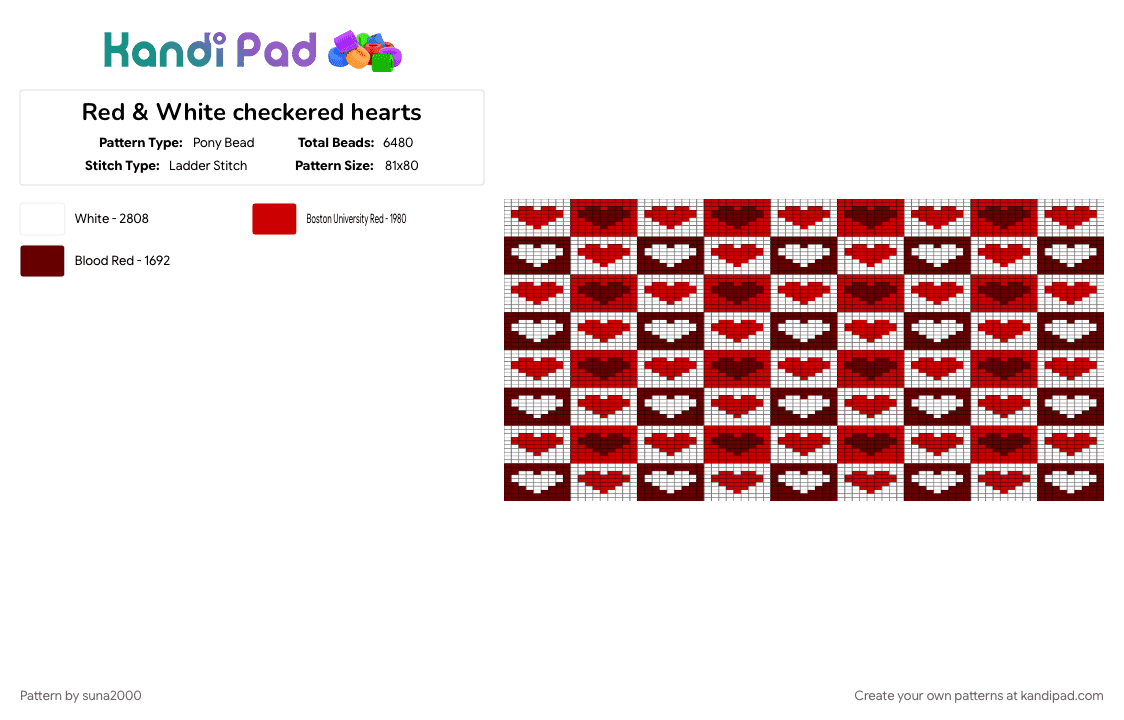 Red & White Checkered Hearts - Pony Bead Pattern by suna2000 on Kandi Pad - brown, checkered, heart, red, white