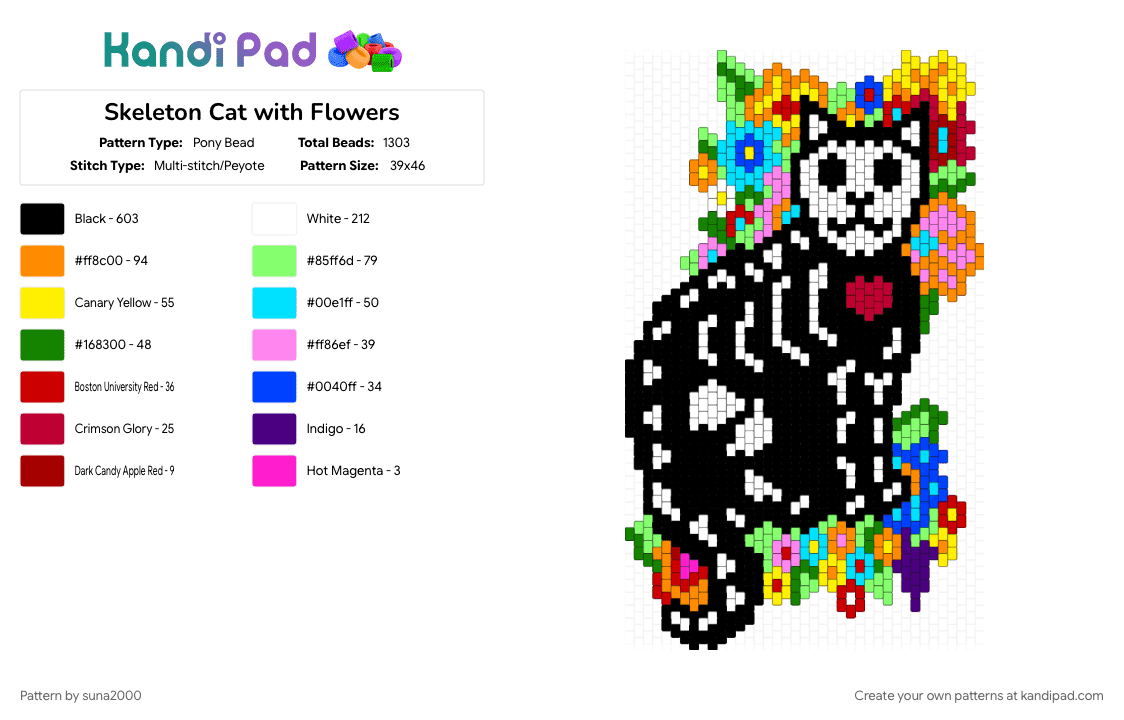 Skeleton Cat with Flowers - Pony Bead Pattern by suna2000 on Kandi Pad - black, cat, colorful, green, orange, skeleton, skeleton cat, yellow