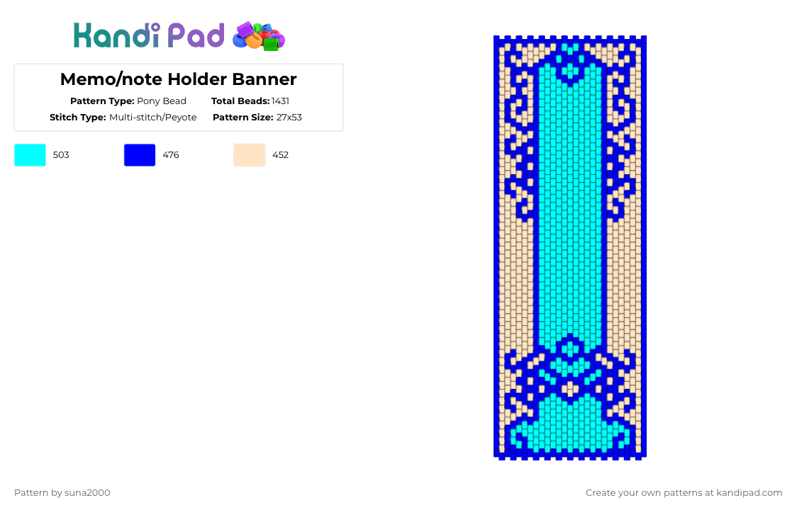 Memo/note Holder Banner - Pony Bead Pattern by suna2000 on Kandi Pad - light blue, purple