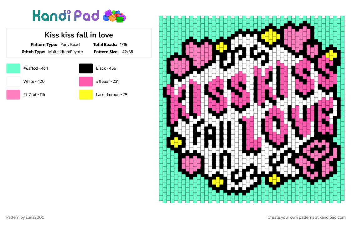 Kiss kiss fall in love - Pony Bead Pattern by suna2000 on Kandi Pad - pink, teal