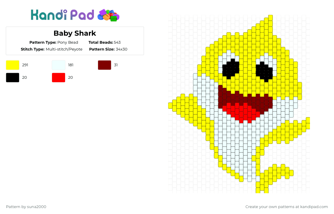 Baby Shark - Pony Bead Pattern by suna2000 on Kandi Pad - yellow,shark,baby shark