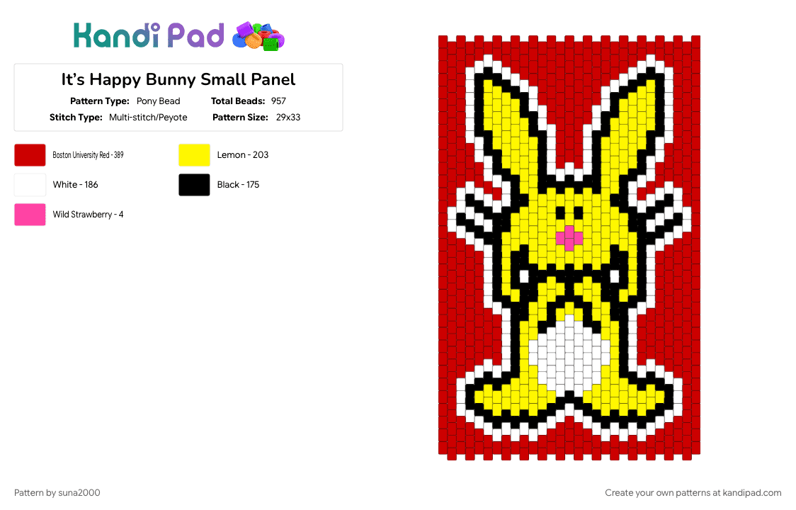 It’s Happy Bunny Small Panel - Pony Bead Pattern by suna2000 on Kandi Pad - red, yellow