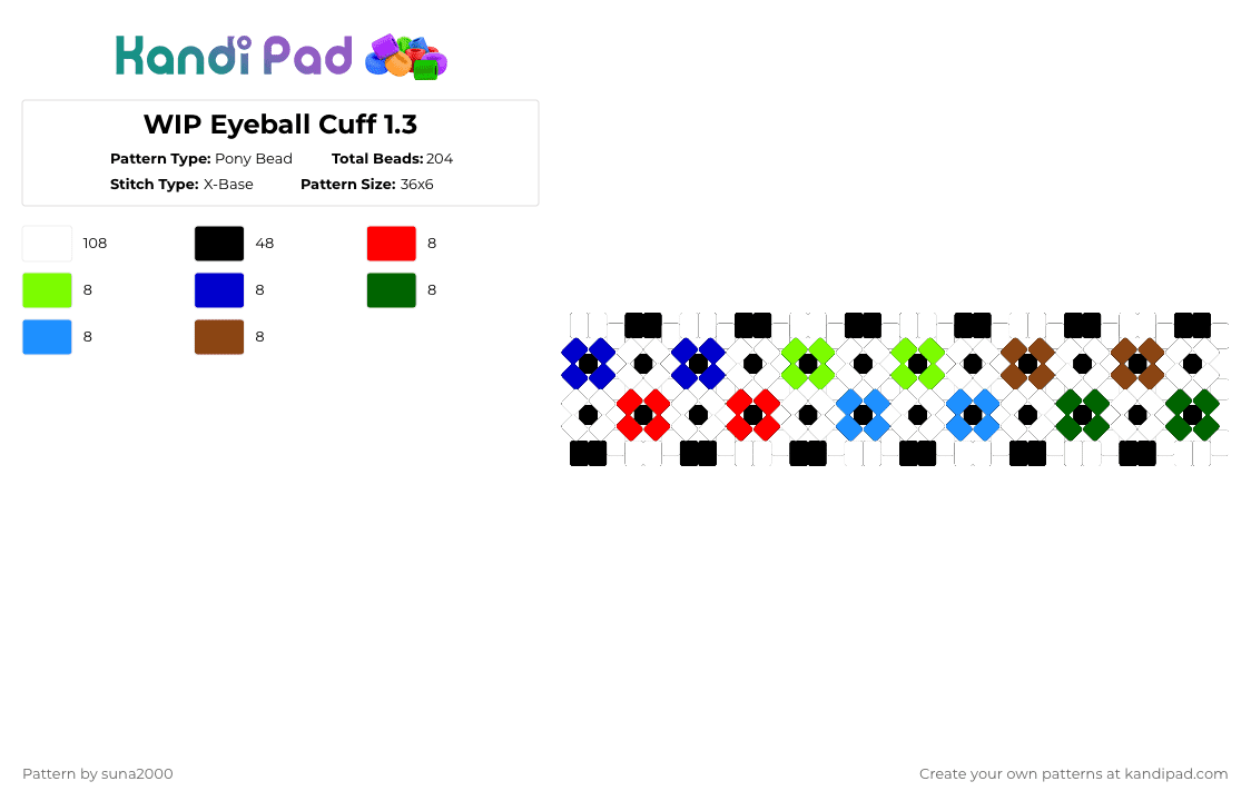 Eyeball Cuff 2 - Pony Bead Pattern by suna2000 on Kandi Pad - white,red,green