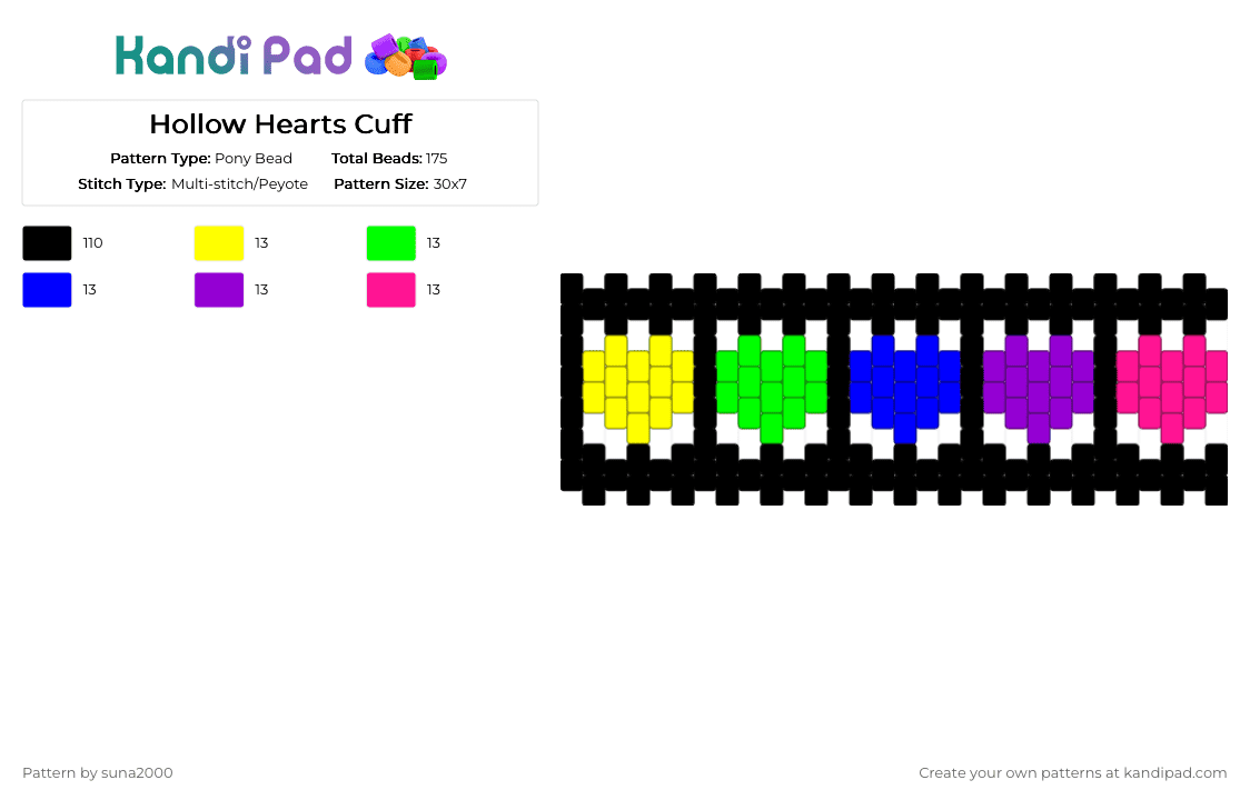 Hollow Hearts Cuff - Pony Bead Pattern by suna2000 on Kandi Pad - black, purple