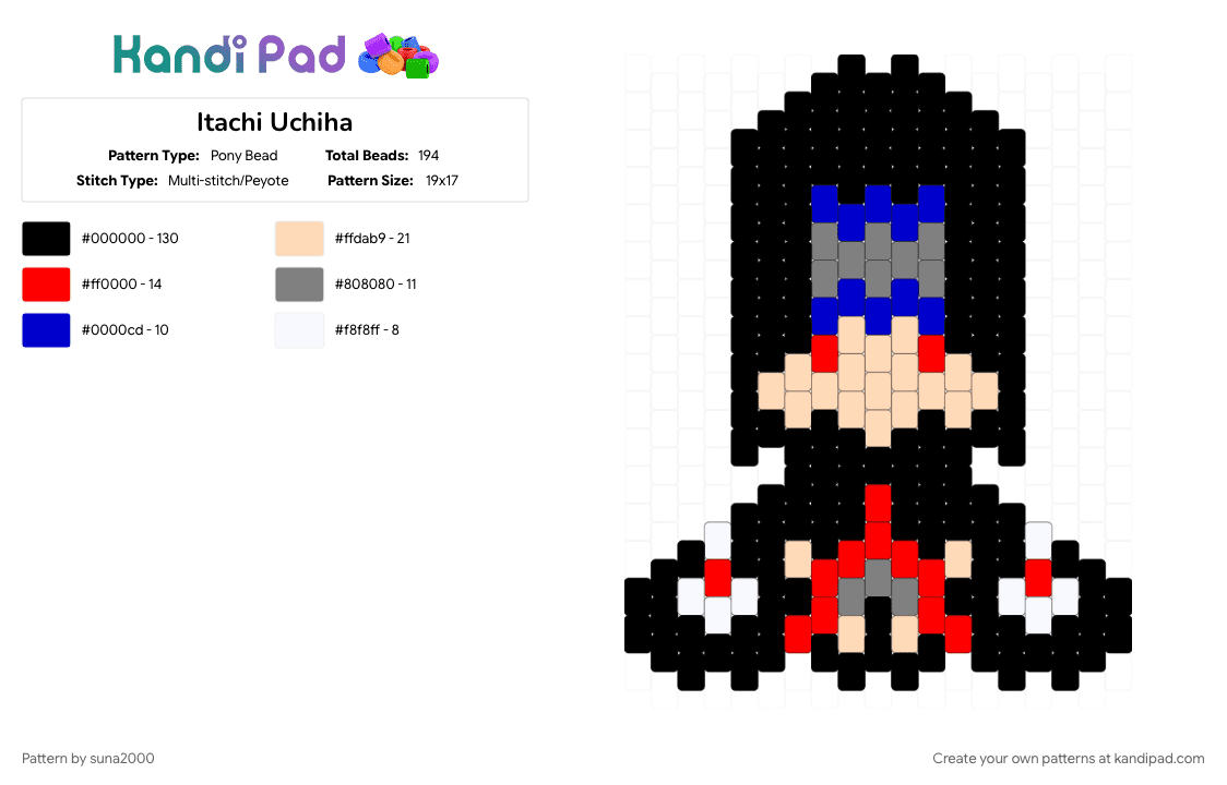 Itachi Uchiha - Pony Bead Pattern by suna2000 on Kandi Pad - anime, beige, black, charm, itachi, naruto, red, uchiha