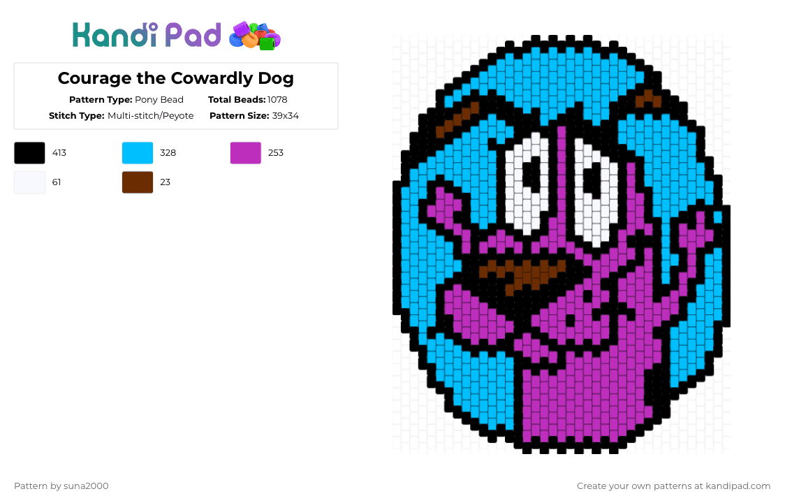 Courage the Cowardly Dog - Pony Bead Pattern by suna2000 on Kandi Pad - pink,light blue,courage the cowardly dog