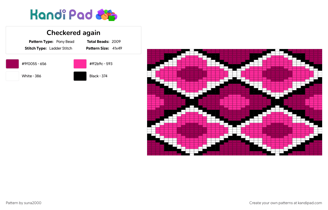 Checkered w/ flowers v1.2 - Pony Bead Pattern by suna2000 on Kandi Pad - black, checkered, flowers, pink, white