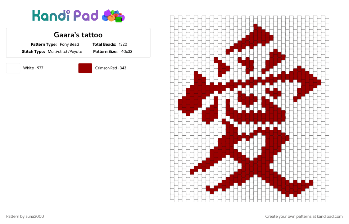 Gaara’s tattoo - Pony Bead Pattern by suna2000 on Kandi Pad - gaara, naruto, tattoo, white