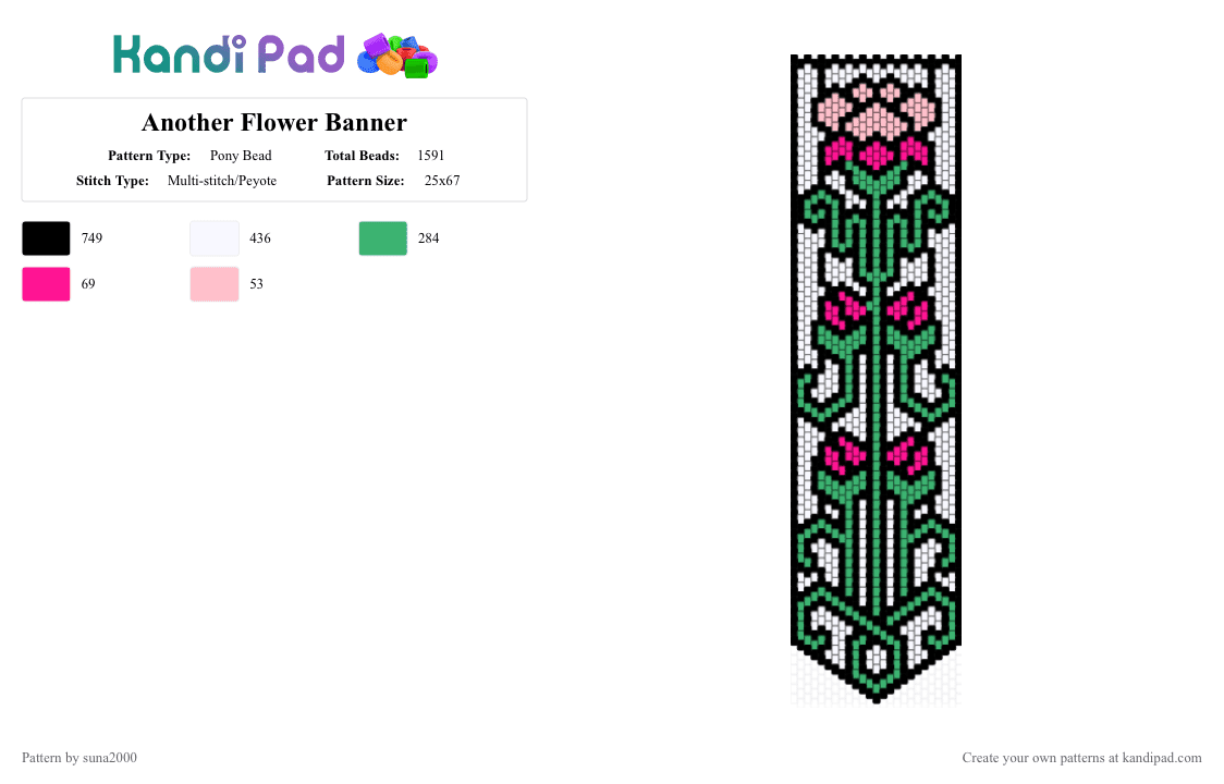 Pink Flower Banner - Pony Bead Pattern by suna2000 on Kandi Pad - flower, green, pink