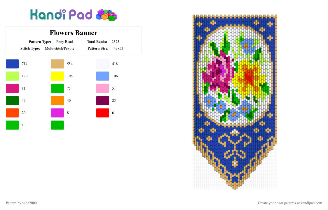Flowers Banner - Pony Bead Pattern by suna2000 on Kandi Pad - orange,blue