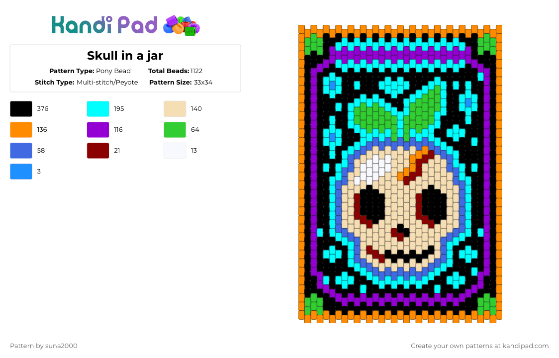 Skull in a jar - Pony Bead Pattern by suna2000 on Kandi Pad - orange,purple,light blue,beige,skull,spooky,jar