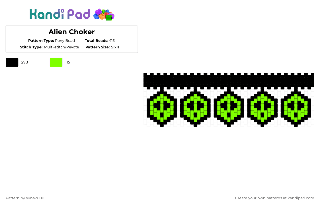 Alien Choker - Pony Bead Pattern by suna2000 on Kandi Pad - black,green,alien,choker