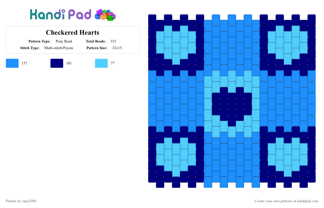 Checkered Hearts - Pony Bead Pattern by suna2000 on Kandi Pad - purple,light blue,checkered