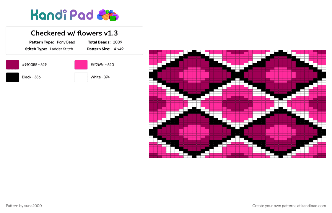 Checkered w/ flowers v1.3 - Pony Bead Pattern by suna2000 on Kandi Pad - black, checkered, flowers, pink, white