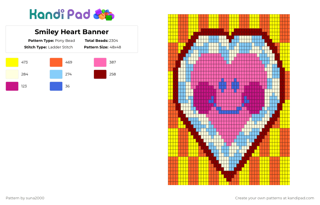 Smiley Heart Banner - Pony Bead Pattern by suna2000 on Kandi Pad - pink,orange,yellow