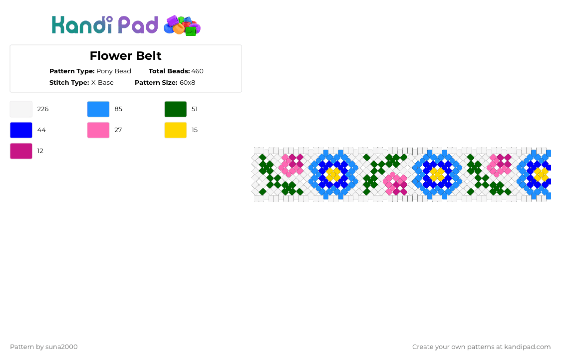 Flower Belt - Pony Bead Pattern by suna2000 on Kandi Pad - white,green,light blue,purple