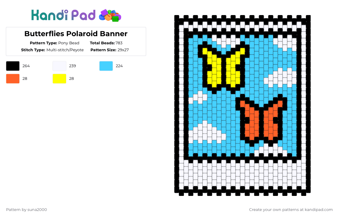 Butterflies Polaroid - Pony Bead Pattern by suna2000 on Kandi Pad - light blue,butterfly,panel