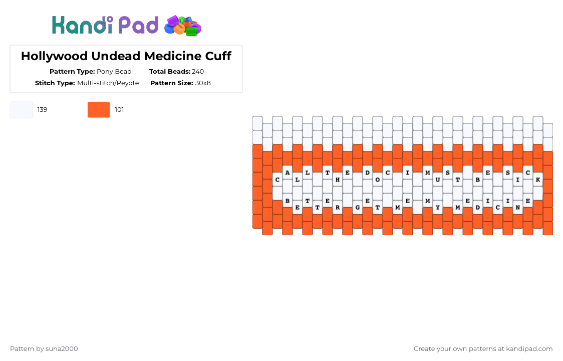 Hollywood Undead Medicine Cuff - Pony Bead Pattern by suna2000 on Kandi Pad - white,orange,music,hollywood undead