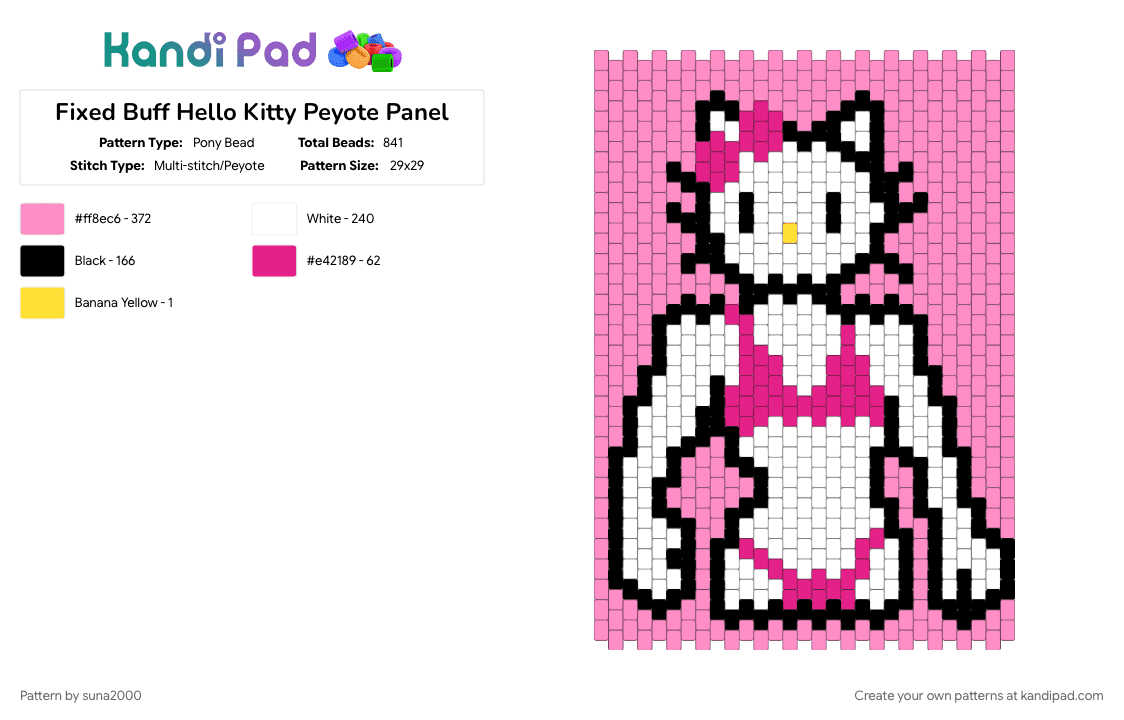 Fixed Buff Hello Kitty Peyote Panel - Pony Bead Pattern by suna2000 on Kandi Pad - buff, hello kitty, hellokitty, pink