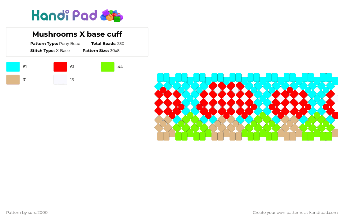 Mushrooms X base cuff - Pony Bead Pattern by suna2000 on Kandi Pad - red,light blue