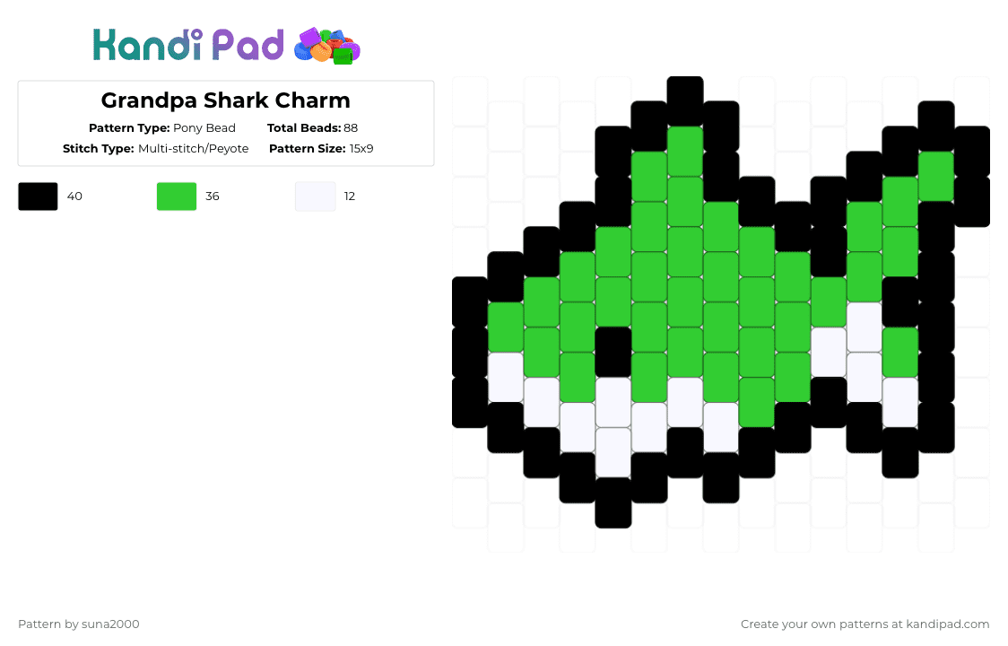 Grandpa Shark Charm - Pony Bead Pattern by suna2000 on Kandi Pad - green