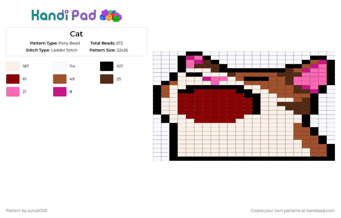 Cat - Pony Bead Pattern by suna2000 on Kandi Pad - white,red