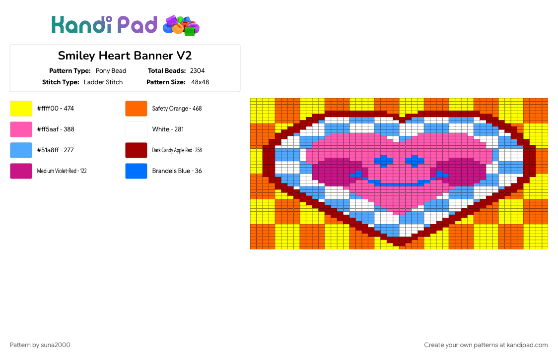 Smiley Heart Banner V2 - Pony Bead Pattern by suna2000 on Kandi Pad - orange, pink, yellow
