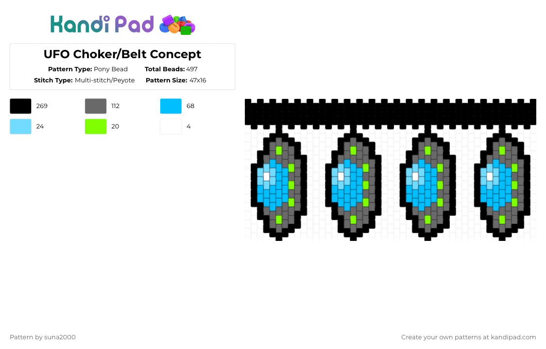 UFO Choker/Belt Concept - Pony Bead Pattern by suna2000 on Kandi Pad - black,gray,light blue,choker,ufo,belt