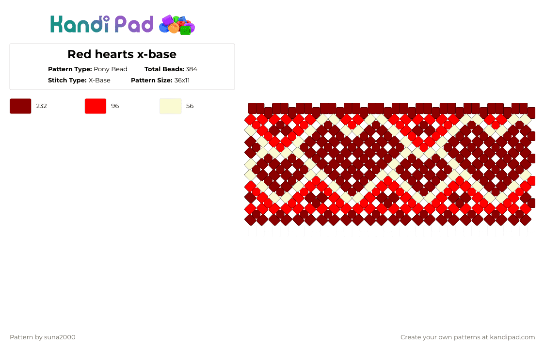 Red hearts x-base - Pony Bead Pattern by suna2000 on Kandi Pad - red