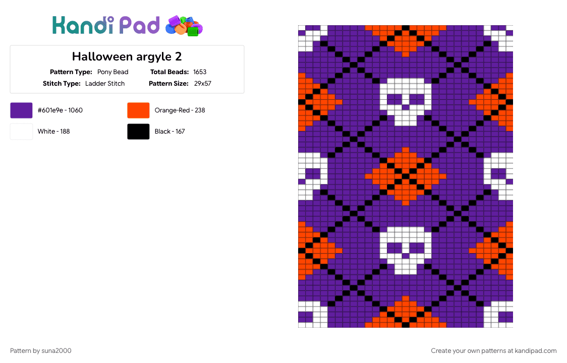 Halloween argyle 2 - Pony Bead Pattern by suna2000 on Kandi Pad - argyle, halloween, purple, skull