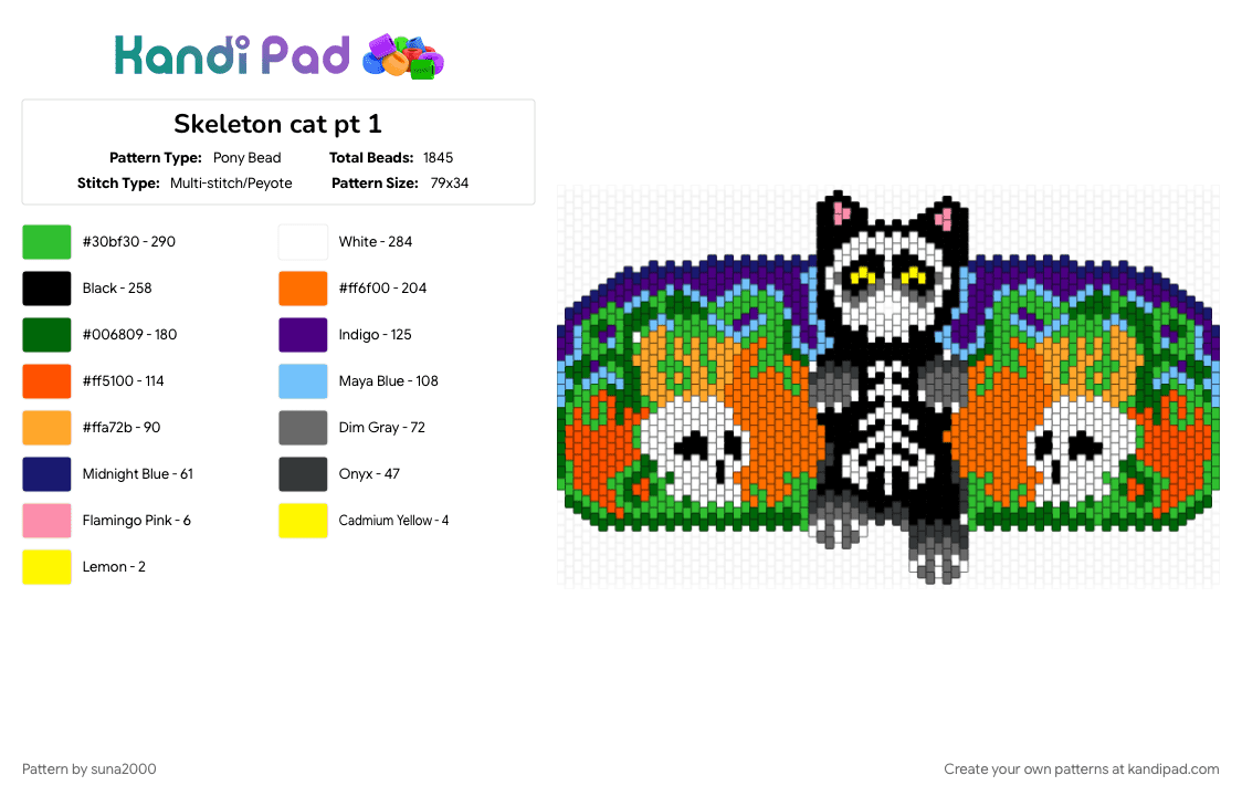 Skeleton cat pt 1 - Pony Bead Pattern by suna2000 on Kandi Pad - green, orange, purple