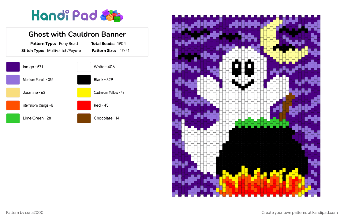 Ghost with Cauldron Banner - Pony Bead Pattern by suna2000 on Kandi Pad - banner, ghost, halloween, panel, purple, spooky