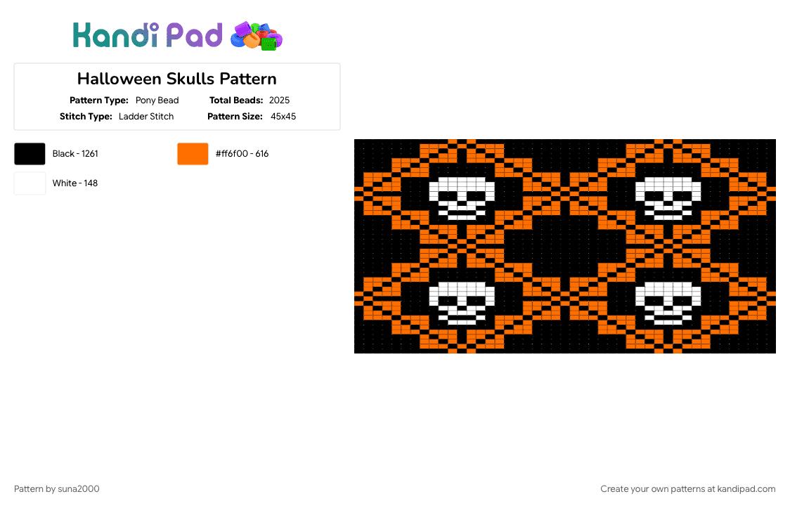 Halloween Skulls Pattern - Pony Bead Pattern by suna2000 on Kandi Pad - orange