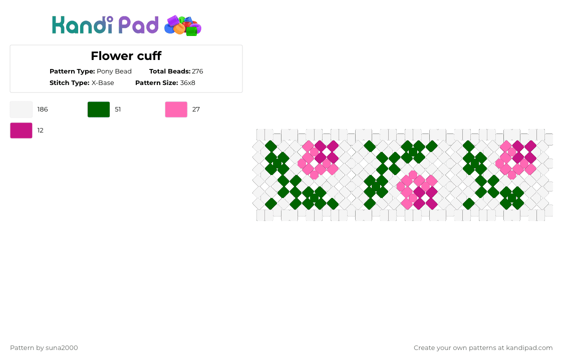 Flower cuff - Pony Bead Pattern by suna2000 on Kandi Pad - white,green,pink