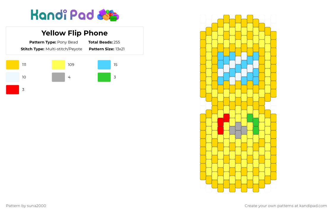 Yellow Flip Phone - Pony Bead Pattern by suna2000 on Kandi Pad - yellow