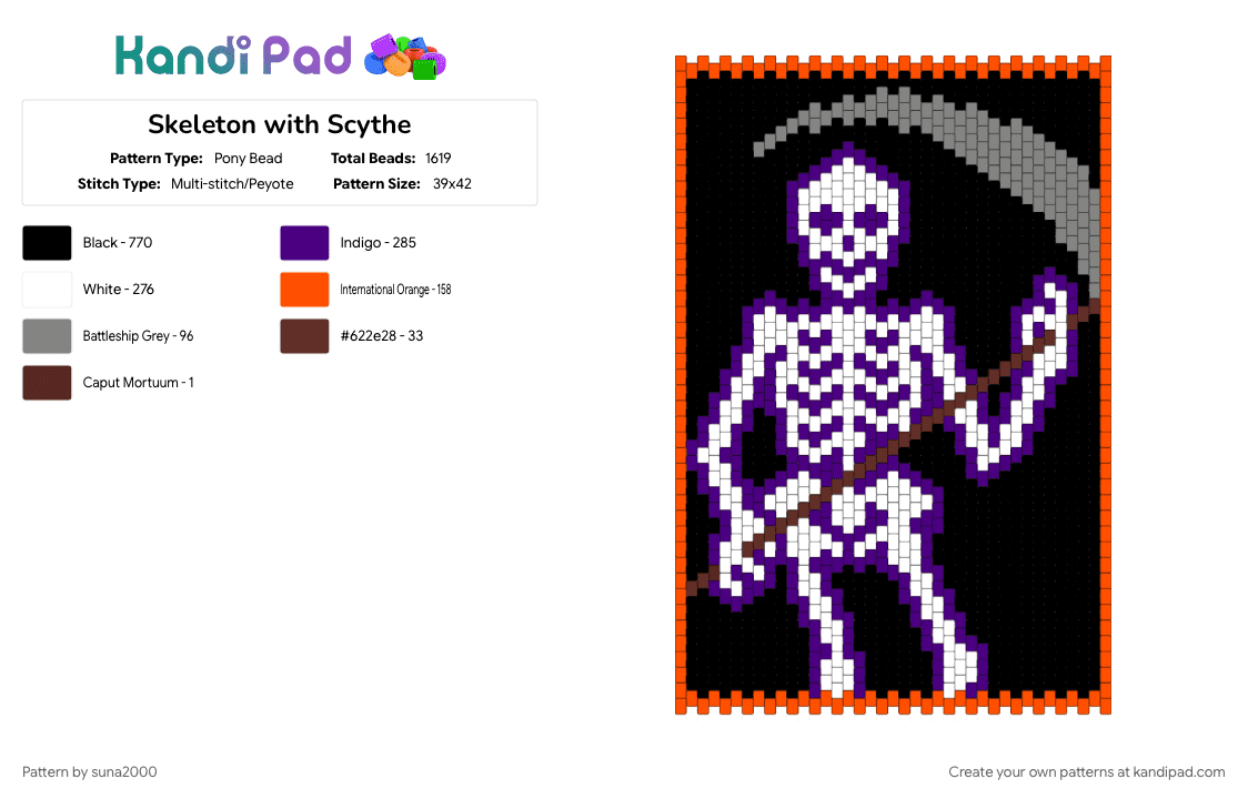 Skeleton with Scythe - Pony Bead Pattern by suna2000 on Kandi Pad - black, orange, purple, scythe, skeleton
