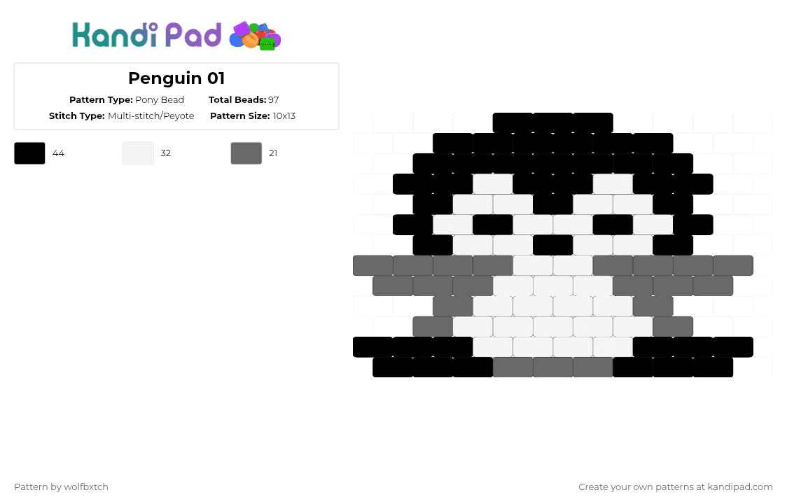Penguin 01 - Pony Bead Pattern by wolfbxtch on Kandi Pad - gray,white,penguin,black,orange,bird