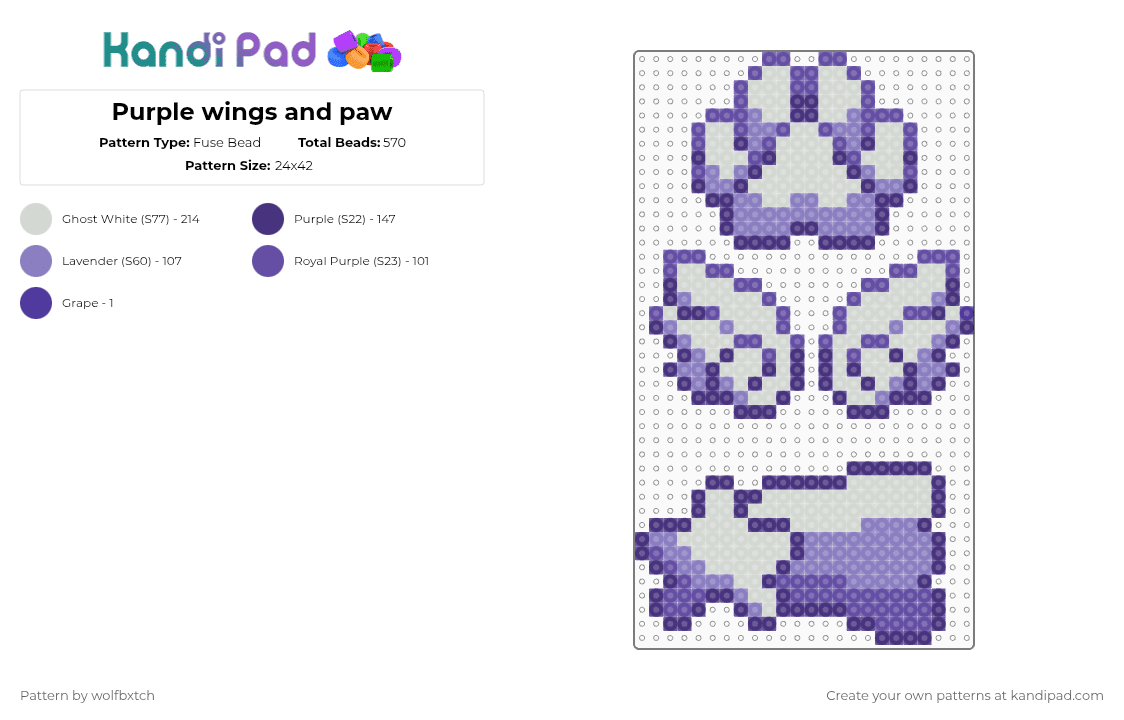 Purple wings and paw - Fuse Bead Pattern by wolfbxtch on Kandi Pad - purple,pink,white,paw,wings