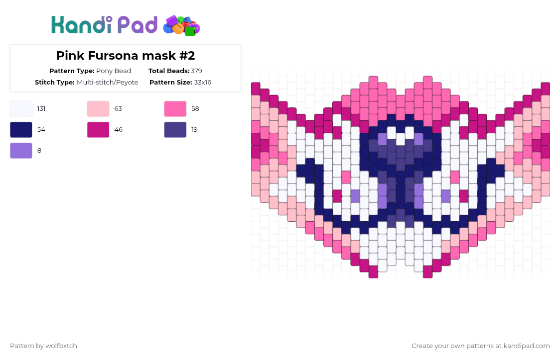 Pink Fursona mask #2 - Pony Bead Pattern by wolfbxtch on Kandi Pad - pink,white,purple,blue,furry,fursona,canine,mask