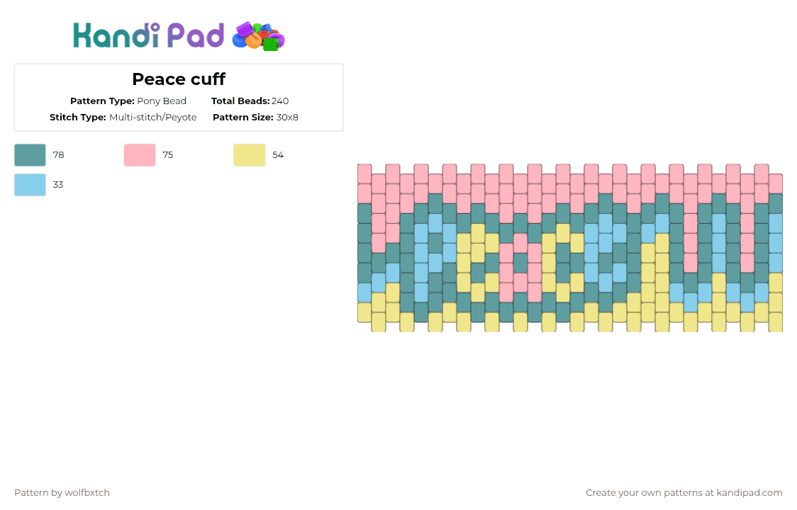 Peace cuff - Pony Bead Pattern by wolfbxtch on Kandi Pad - teal,pink,yellow,blue,peace,cute,spring,fluttershy