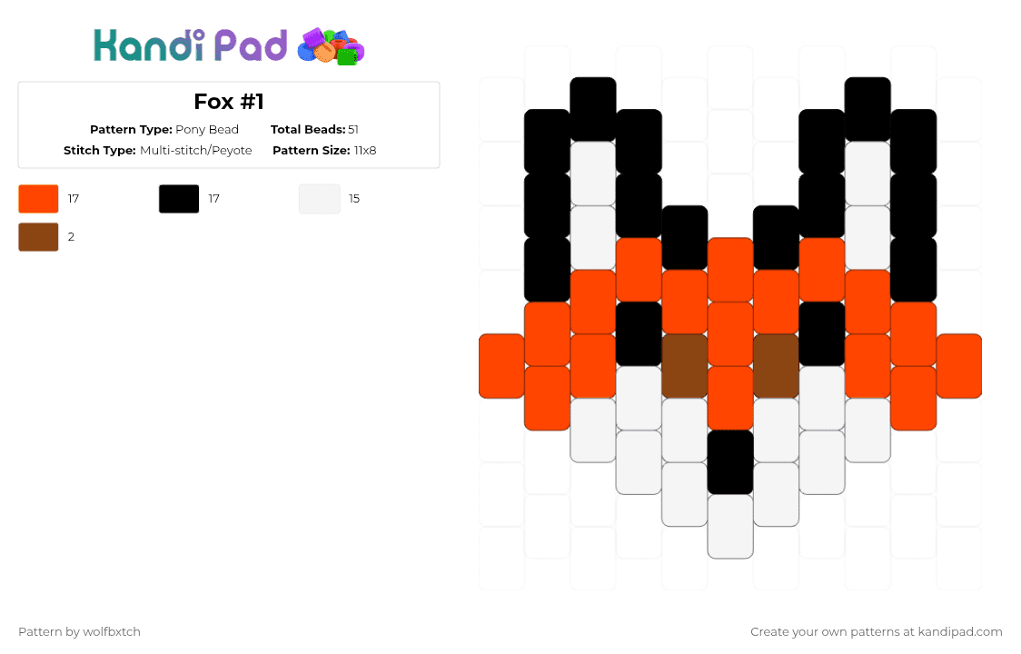 Fox #1 - Pony Bead Pattern by wolfbxtch on Kandi Pad - fox,head,creature,mammal,animal,red,white,charm,orange,brown,black
